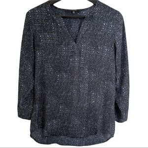 19 COOPER Women’s Small S Blue Black Polka Print Long Sleeve Split Neck Blouse